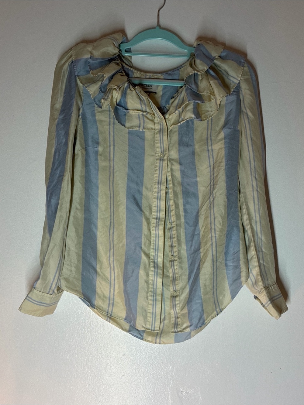 J. Crew Yellow and Light Blue Striped Ruffle Collar Blouse